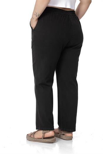 Plus Size Gabardine Black Trousers with Elastic Waist Pockets