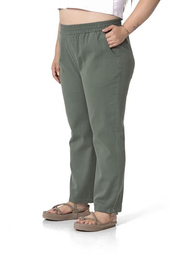 Plus Size Gabardine Khaki Trousers with Elastic Waist Pockets