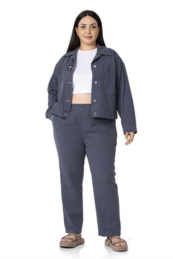 Plus Size Elastic Waist Pocket Gabardine Anthracite Trousers