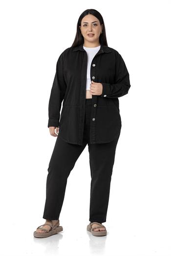 Plus Size Gabardine Black Trousers with Elastic Waist Pockets