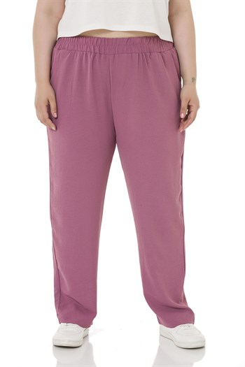 Plus Size Elastic Waist Pocket Linen Aerobin Rose Trousers