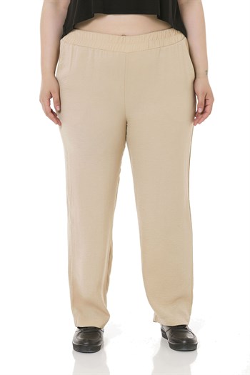 Plus Size Elastic Waist Pocket Linen Aerobin Beige Trousers