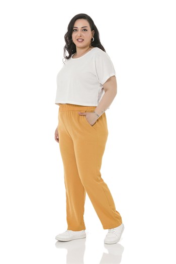 Plus Size Elastic Waist Pocket Linen Aerobin Mustard Trousers