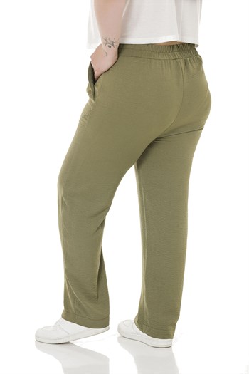Plus Size Elastic Waist Pocket Linen Aerobin Khaki Trousers