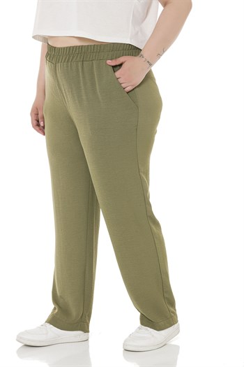 Plus Size Elastic Waist Pocket Linen Aerobin Khaki Trousers