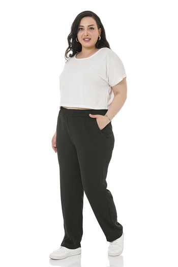 Plus Size Elastic Waist Pocket Linen Aerobin Black Trousers