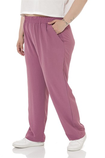 Plus Size Elastic Waist Pocket Linen Aerobin Rose Trousers