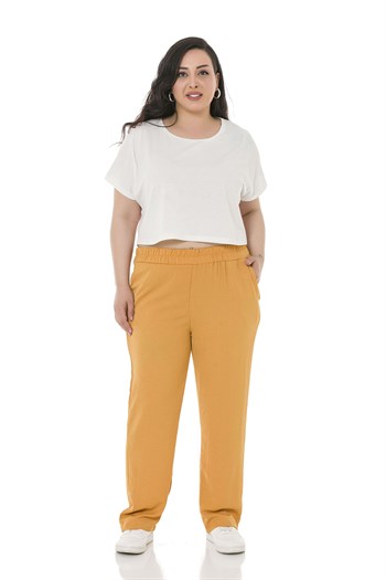 Plus Size Elastic Waist Pocket Linen Aerobin Mustard Trousers