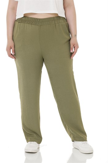 Plus Size Elastic Waist Pocket Linen Aerobin Khaki Trousers