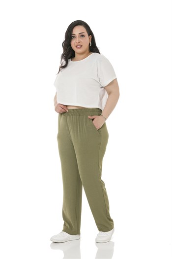 Plus Size Elastic Waist Pocket Linen Aerobin Khaki Trousers