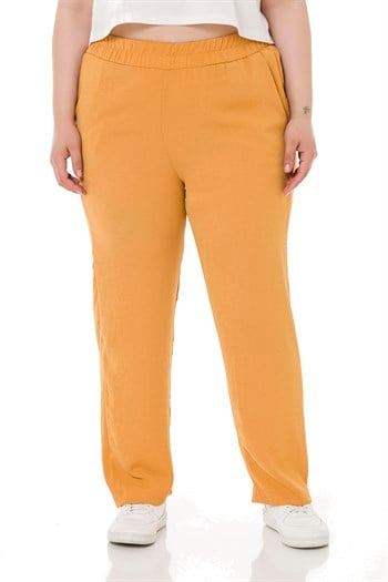 Plus Size Elastic Waist Pocket Linen Aerobin Mustard Trousers