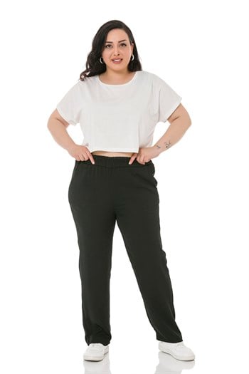 Plus Size Elastic Waist Pocket Linen Aerobin Black Trousers