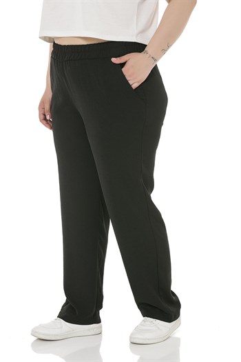 Plus Size Elastic Waist Pocket Linen Aerobin Black Trousers