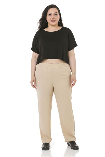 Plus Size Elastic Waist Pocket Linen Aerobin Beige Trousers