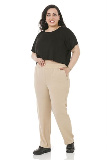 Plus Size Elastic Waist Pocket Linen Aerobin Beige Trousers