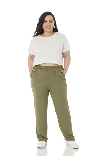 Plus Size Elastic Waist Pocket Linen Aerobin Khaki Trousers