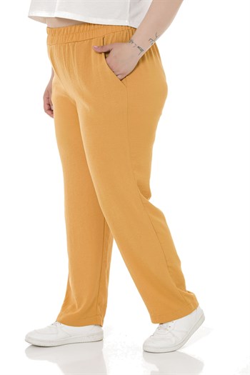 Plus Size Elastic Waist Pocket Linen Aerobin Mustard Trousers