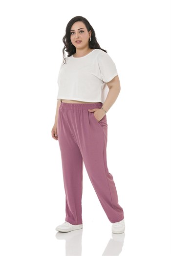 Plus Size Elastic Waist Pocket Linen Aerobin Rose Trousers