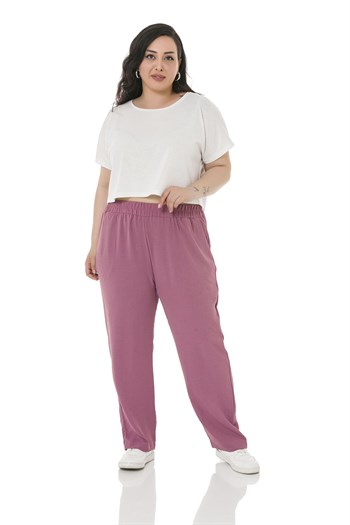 Plus Size Elastic Waist Pocket Linen Aerobin Rose Trousers