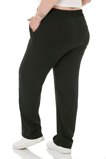 Plus Size Elastic Waist Pocket Linen Aerobin Black Trousers