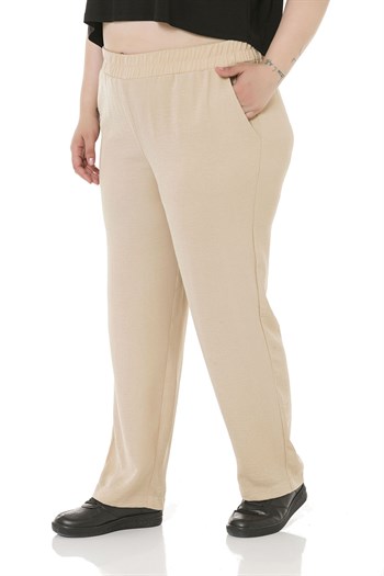 Plus Size Elastic Waist Pocket Linen Aerobin Beige Trousers