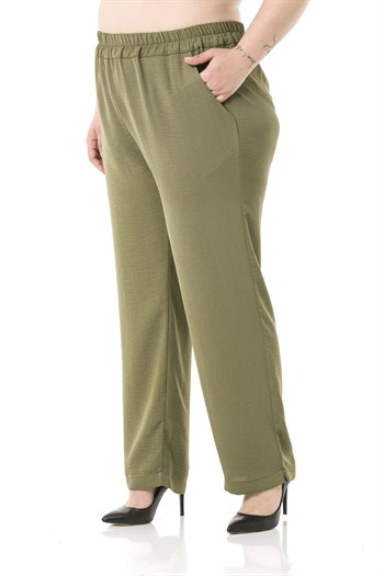 Plus Size Linen Aerobin Khaki Trousers with Elastic Waist Pockets and Slits on the Legs