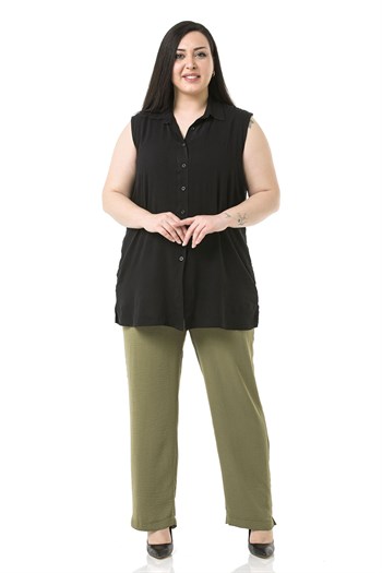 Plus Size Linen Aerobin Khaki Trousers with Elastic Waist Pockets and Slits on the Legs