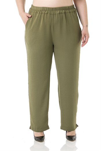 Plus Size Linen Aerobin Khaki Trousers with Elastic Waist Pockets and Slits on the Legs
