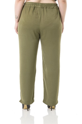 Plus Size Linen Aerobin Khaki Trousers with Elastic Waist Pockets and Slits on the Legs