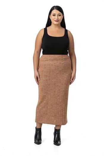 Büyük Beden Beli Lastikli Fitilli Triko Kahverengi Etek