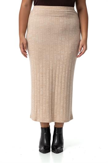 Büyük Beden Beli Lastikli Fitilli Triko Bej Rengi Etek