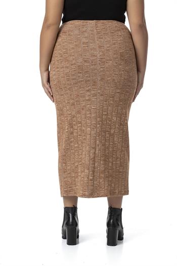 Büyük Beden Beli Lastikli Fitilli Triko Kahverengi Etek