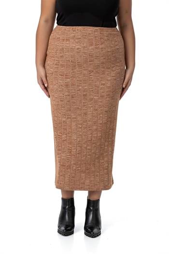 Büyük Beden Beli Lastikli Fitilli Triko Kahverengi Etek