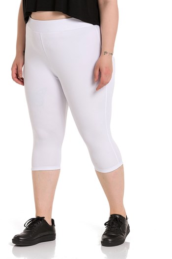 Büyük Beden Beli Lastikli Karyoka Dikişli Diz Altı Beyaz Bayan Tayt