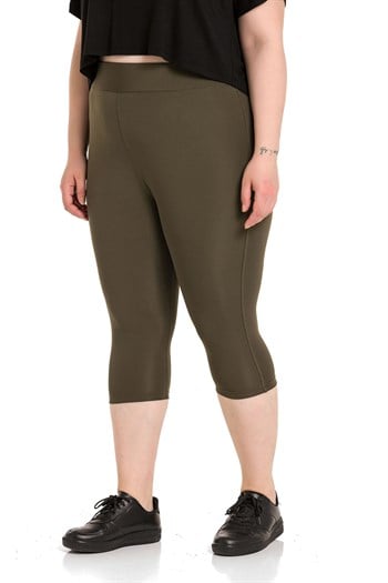 Büyük Beden Beli Lastikli Karyoka Dikişli Diz Altı Haki Bayan Tayt