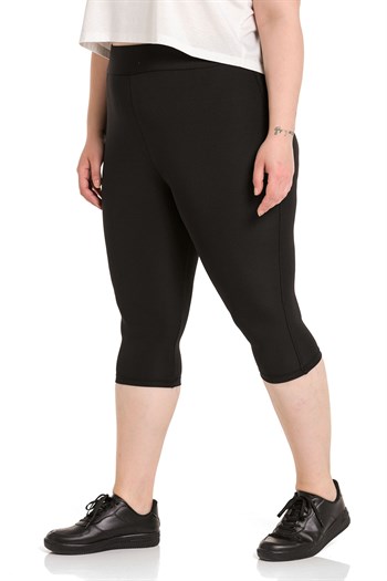 Büyük Beden Beli Lastikli Karyoka Dikişli Diz Altı Siyah Bayan Tayt