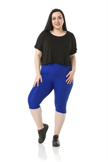 Büyük Beden Beli Lastikli Karyoka Dikişli Diz Altı İndigo Bayan Tayt