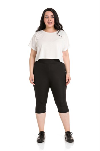 Büyük Beden Beli Lastikli Karyoka Dikişli Diz Altı Siyah Bayan Tayt