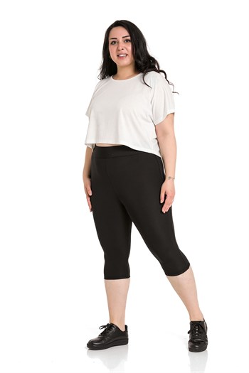 Büyük Beden Beli Lastikli Karyoka Dikişli Diz Altı Siyah Bayan Tayt