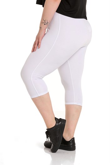 Büyük Beden Beli Lastikli Karyoka Dikişli Diz Altı Beyaz Bayan Tayt