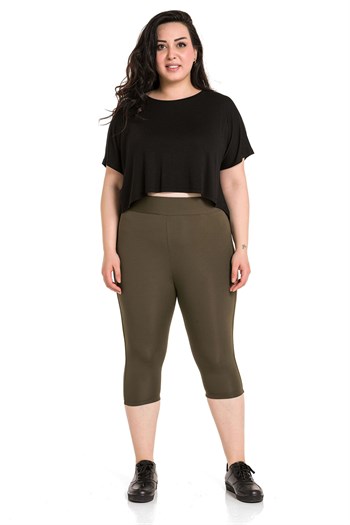 Büyük Beden Beli Lastikli Karyoka Dikişli Diz Altı Haki Bayan Tayt