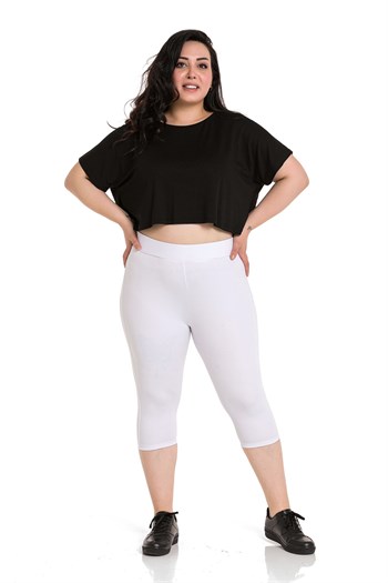 Büyük Beden Beli Lastikli Karyoka Dikişli Diz Altı Beyaz Bayan Tayt