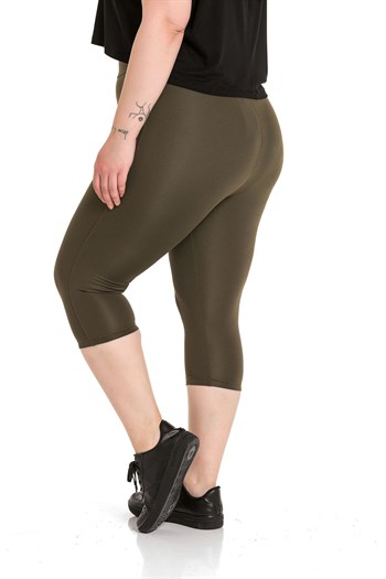 Büyük Beden Beli Lastikli Karyoka Dikişli Diz Altı Haki Bayan Tayt