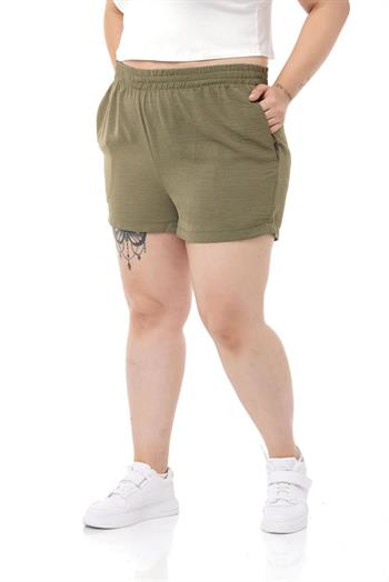Plus Size Khaki Shorts with Elastic Waist and Side Pockets