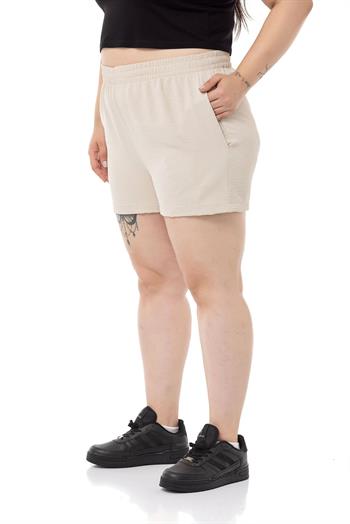 Plus Size Beige Shorts with Elastic Waist and Side Pockets