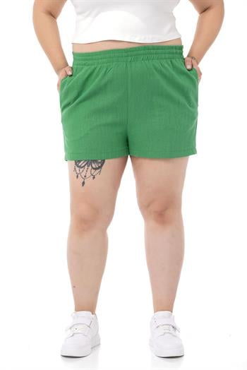 Plus Size Green Shorts with Elastic Waist and Side Pockets