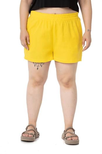 Plus Size Mustard Shorts with Elastic Waist and Side Pockets