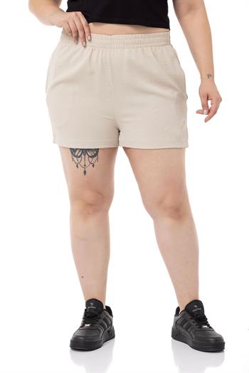 Plus Size Beige Shorts with Elastic Waist and Side Pockets