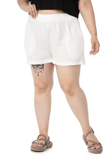 Plus Size Ecru Shorts with Elastic Waist and Side Pockets