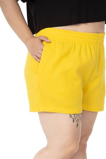 Plus Size Mustard Shorts with Elastic Waist and Side Pockets